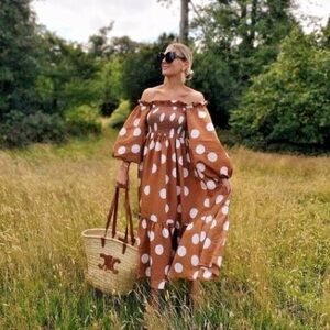 BLOGGER FAVE H&M Brown Polka Dot Off-Shoulder Dress XL